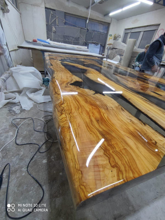 Olive Wood Epoxy Table, Olive Wood Shiny Epoxy Dining Table, Live Edge Epoxy Resin Table, Custom 90” x 44” Table, Order for Lindsay Tampa