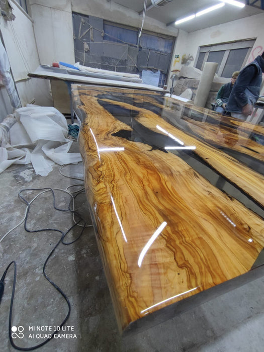 Olive Wood Epoxy Table, Olive Wood Shiny Epoxy Dining Table, Live Edge Epoxy Resin Table, Custom 90” x 44” Table, Order for Lindsay Tampa