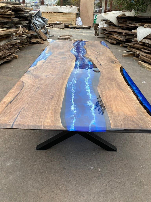 Handmade Epoxy Table, Live Edge Table, Custom 156” x 65” Walnut Blue Table, Epoxy River Dining Table (1 of 3), Order for Karin and Dave