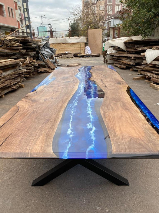 Handmade Epoxy Table, Live Edge Table, Custom 156” x 65” Walnut Blue Table, Epoxy River Dining Table (1 of 3), Order for Karin and Dave