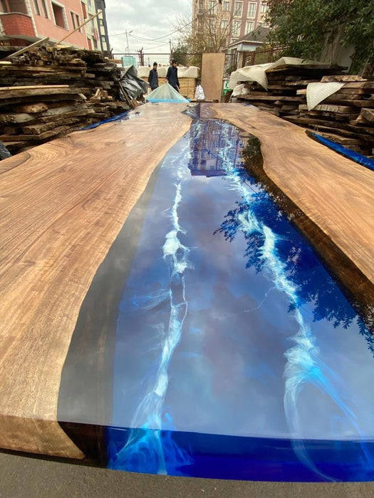 Handmade Epoxy Table, Live Edge Table, Custom 156” x 65” Walnut Blue Table, Epoxy River Dining Table (1 of 3), Order for Karin and Dave