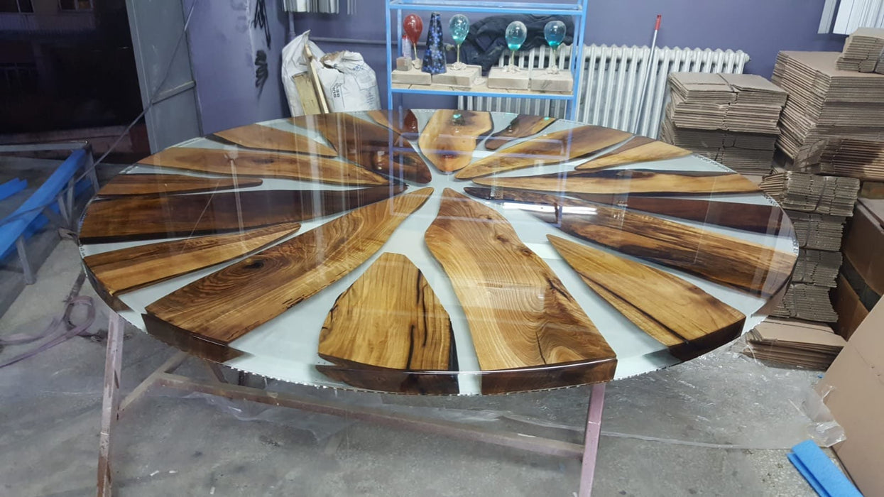 Epoxy Round Dining Table, Handmade Epoxy Table, Custom 78” Diameter Round Walnut Table, Shiny Clear Epoxy Dining Table, Order for Doris