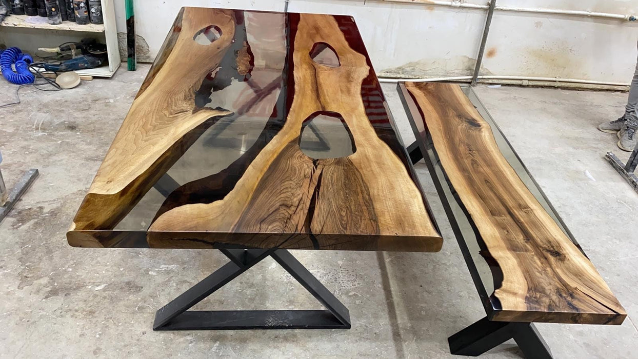 Handmade Epoxy Table, Custom 72” x 36” Walnut Smokey Gray Table, Epoxy Dining Table, River Table, Custom  Order with Bench for Jasmine G