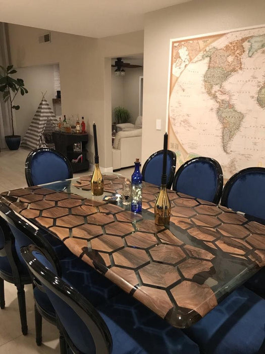 Epoxy Table, Epoxy Dining Table, Walnut Epoxy Table, Custom 72” x 44” Clear Epoxy Table,  Hexagon Honeycomb Walnut Table for Kristin F