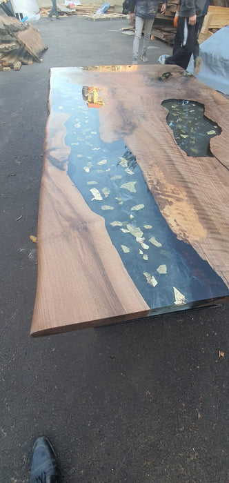 Custom 65”x 36” Walnut Smoke Epoxy Table, Live Edge Table, White Epoxy River Table with Gold Leaf Order for Daryll