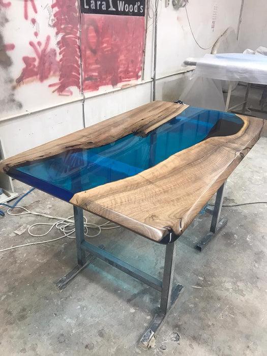 Handmade Epoxy Table, Custom 60” x 36” Walnut Sky Blue Table, Epoxy River Dining Table, Live Edge Table, Wooden Table, Order for Corey