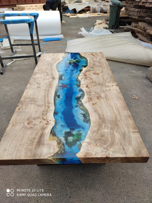 Epoxy Dining Table, Epoxy Table, Poplar Ocean Aquarium  Blue, Turquoise White Epoxy River Dining Table, Custom 60” x 30” Order for Stacey