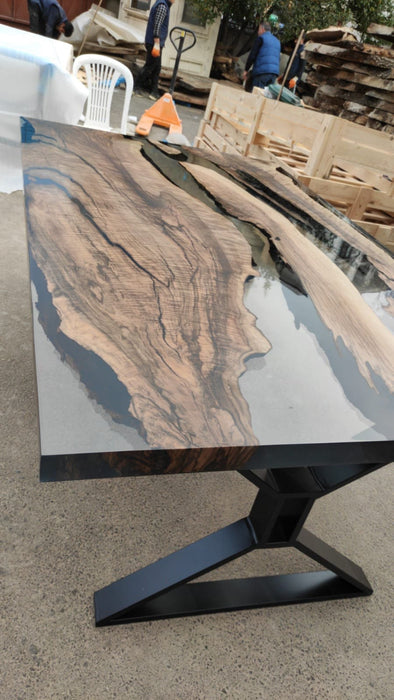 Walnut Dining Table, Live Edge Table, Custom 76” x 46” Walnut Smokey Gray Table, Epoxy Resin River Dining Table, Custom Order for Jeannine