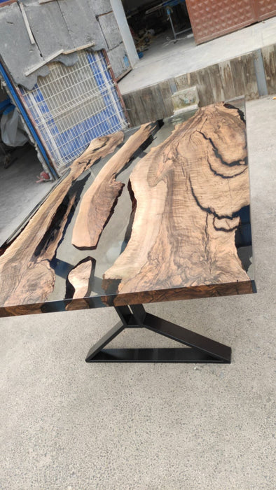 Walnut Dining Table, Live Edge Table, Custom 76” x 46” Walnut Smokey Gray Table, Epoxy Resin River Dining Table, Custom Order for Jeannine