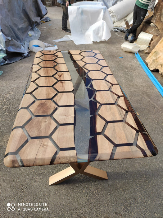 Hexangon Clear Epoxy Table, Hexagon Honeycomb Table, 60” x 30” Clear Resin Walnut Table, Handmade Epoxy Table, Unique Resin Table for Eric