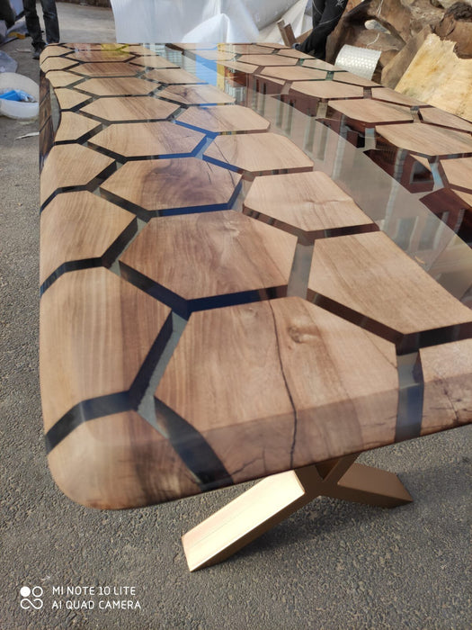 Hexangon Clear Epoxy Table, Hexagon Honeycomb Table, 60” x 30” Clear Resin Walnut Table, Handmade Epoxy Table, Unique Resin Table for Eric