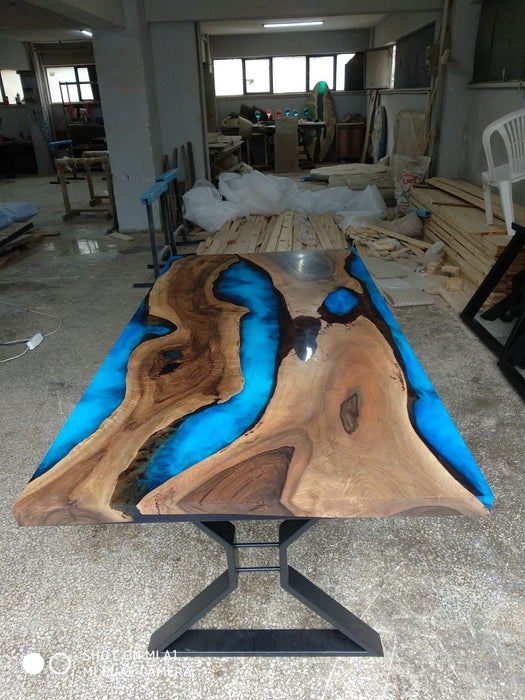 Handmade Epoxy Table, Custom 78” x 40” Walnut Blue Epoxy Table, Epoxy River Table, Live Edge Table, Wooden Table, Custom Order for Shafique