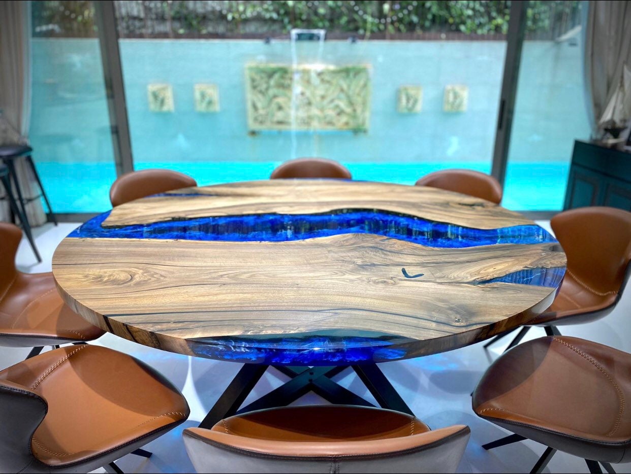 Round Dining Table, Epoxy Blue Resin Table, Custom 72” Diameter Round Walnut Wood Table, Blue Epoxy Dining Table, Custom Order for Peter