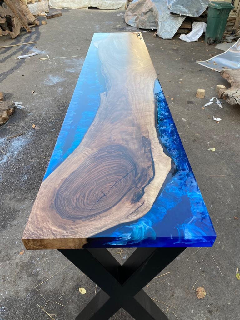 Handmade Epoxy Table, Epoxy Resin Table, Custom 96” x 18” Walnut Blue Table, Epoxy River Dining Table, Custom Order for Karin and Dave