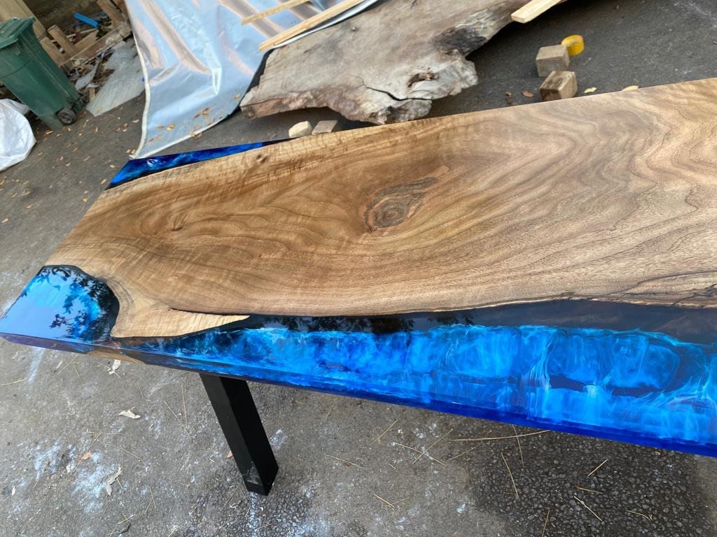 Handmade Epoxy Table, Epoxy Resin Table, Custom 96” x 18” Walnut Blue Table, Epoxy River Dining Table, Custom Order for Karin and Dave