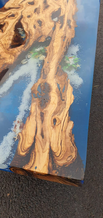 Olive Wood Table, Custom 50” x 17” Olive Blue Turquoise Epoxy Table, River Bench, Custom Epoxy Bench with Aquarium Turtles Order for Marie