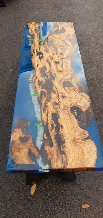 Olive Wood Table, Custom 50” x 17” Olive Blue Turquoise Epoxy Table, River Bench, Custom Epoxy Bench with Aquarium Turtles Order for Marie