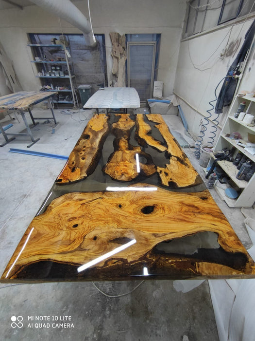 Olive Wood Epoxy Table, Olive Wood Shiny Epoxy Dining Table, Live Edge Epoxy Resin Table, Custom 90” x 44” Table, Order for Lindsay Tampa