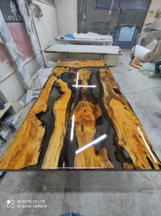 Olive Wood Epoxy Table, Olive Wood Shiny Epoxy Dining Table, Live Edge Epoxy Resin Table, Custom 90” x 44” Table, Order for Lindsay Tampa