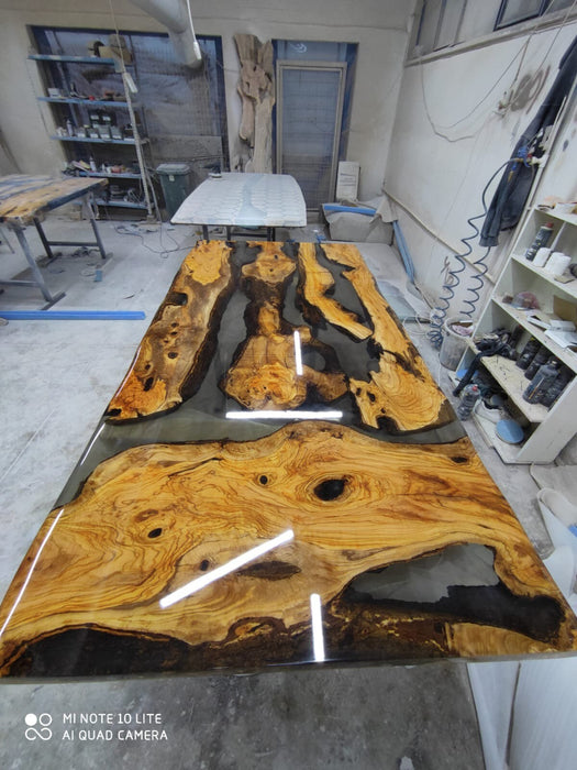 Olive Wood Epoxy Table, Olive Wood Shiny Epoxy Dining Table, Live Edge Epoxy Resin Table, Custom 90” x 44” Table, Order for Lindsay Tampa