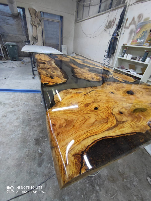 Olive Wood Epoxy Table, Olive Wood Shiny Epoxy Dining Table, Live Edge Epoxy Resin Table, Custom 90” x 44” Table, Order for Lindsay Tampa