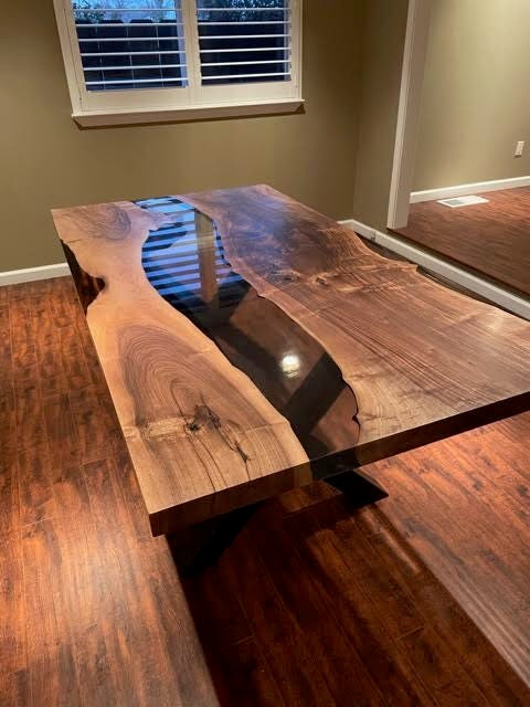 Custom 72” x 38” Walnut Smoke Gray Epoxy River Table Order for Leahnna