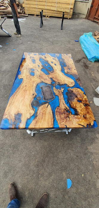 Olive Wood Epoxy Table, Custom 65” x 40” Olive Tree Wood Table, Epoxy Blue River Aquarium Shiny Live Edge Table, Custom Order for Lauren