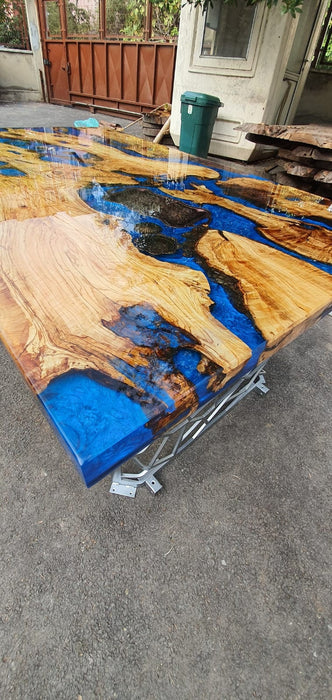 Olive Wood Epoxy Table, Custom 65” x 40” Olive Tree Wood Table, Epoxy Blue River Aquarium Shiny Live Edge Table, Custom Order for Lauren