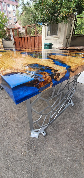 Olive Wood Epoxy Table, Custom 65” x 40” Olive Tree Wood Table, Epoxy Blue River Aquarium Shiny Live Edge Table, Custom Order for Lauren