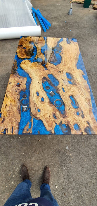 Olive Wood Epoxy Table, Custom 65” x 40” Olive Tree Wood Table, Epoxy Blue River Aquarium Shiny Live Edge Table, Custom Order for Lauren