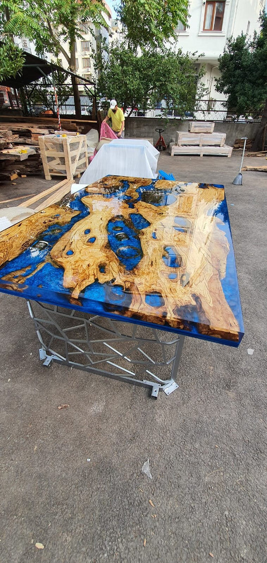 Olive Wood Epoxy Table, Custom 65” x 40” Olive Tree Wood Table, Epoxy Blue River Aquarium Shiny Live Edge Table, Custom Order for Lauren