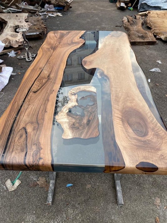 Walnut Dining Table, Live Edge Table, Custom 78” x 40” Walnut Smokey Gray Table, Epoxy River Table, Custom  Order for Kari W