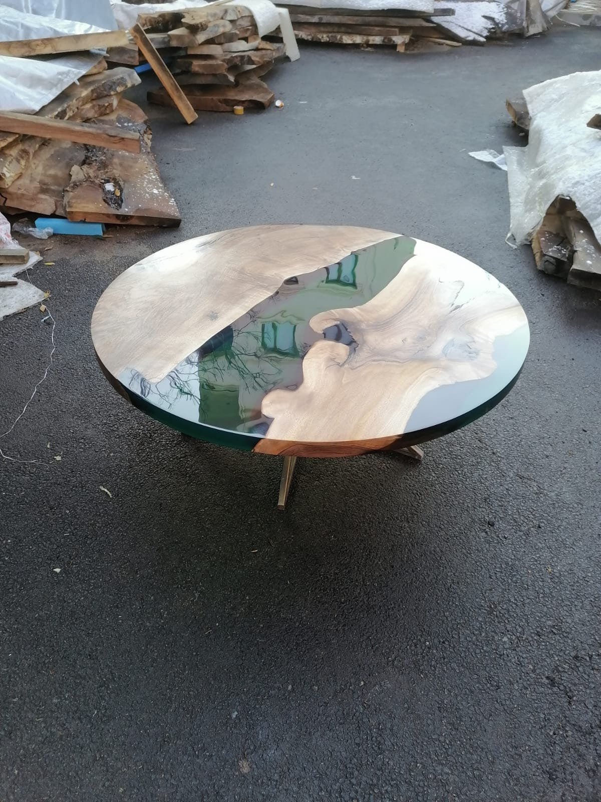 Live Edge Table, Custom 48” Diameter Round Walnut Wood Table, Transparent Green Table, Epoxy Dining Table, River Table, Order for Laura G