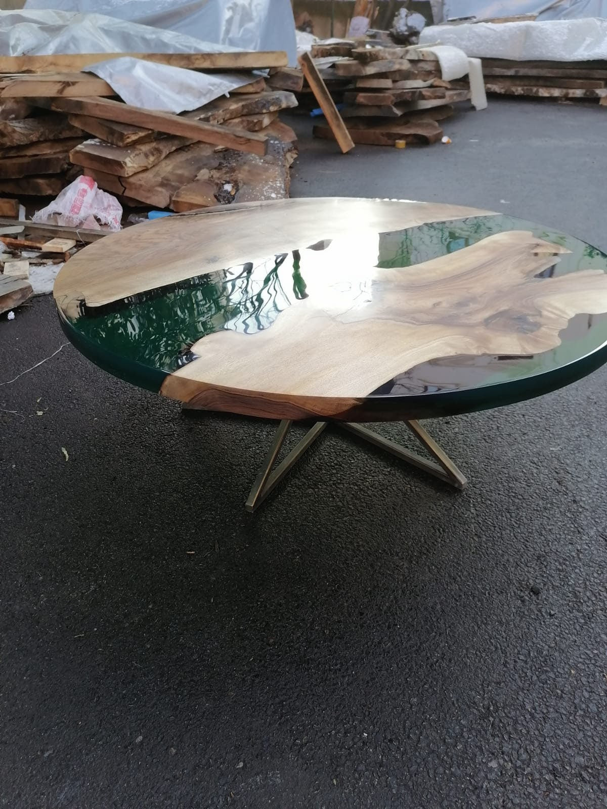 Live Edge Table, Custom 48” Diameter Round Walnut Wood Table, Transparent Green Table, Epoxy Dining Table, River Table, Order for Laura G