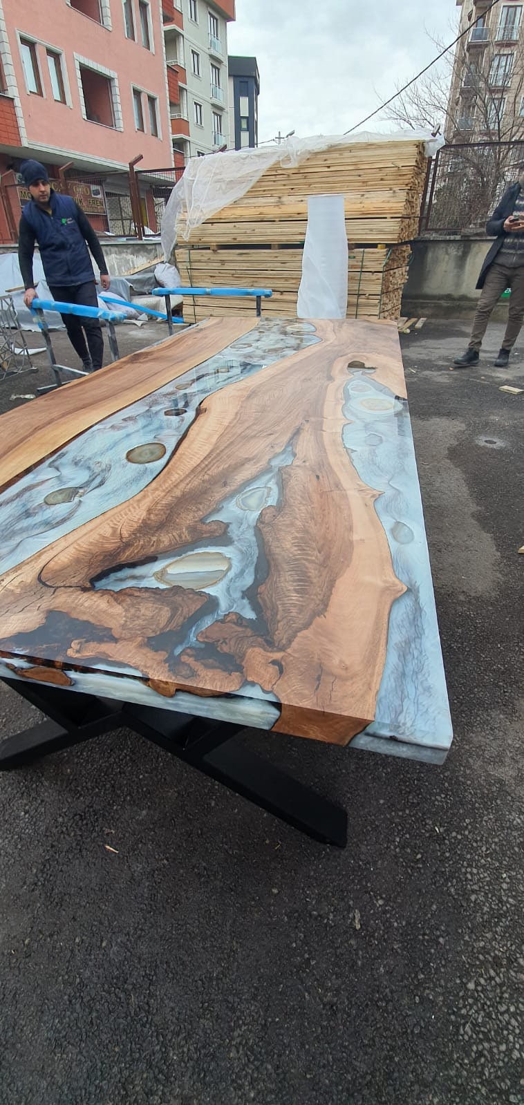 Epoxy Marble Table, Custom 96” x 40” Epoxy Wood Resin Gray Agetha Design Table, Epoxy Walnut Dining Table, Gray Epoxy Table Order for E