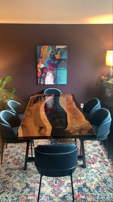 Live Edge Table, Epoxy Resin Table, Epoxy Dining Table, Custom 78" x 40" Walnut Shiny Black Epoxy River Table, Custom Order for Emily G