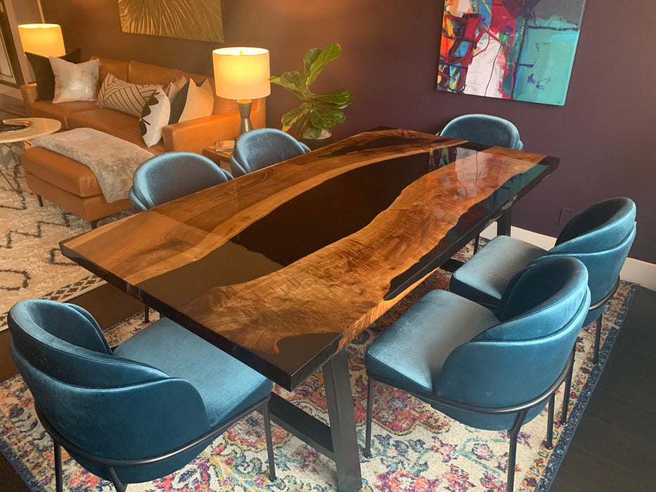 Live Edge Table, Epoxy Resin Table, Epoxy Dining Table, Custom 78" x 40" Walnut Shiny Black Epoxy River Table, Custom Order for Emily G