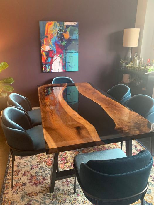 Live Edge Table, Epoxy Resin Table, Epoxy Dining Table, Custom 78" x 40" Walnut Shiny Black Epoxy River Table, Custom Order for Emily G