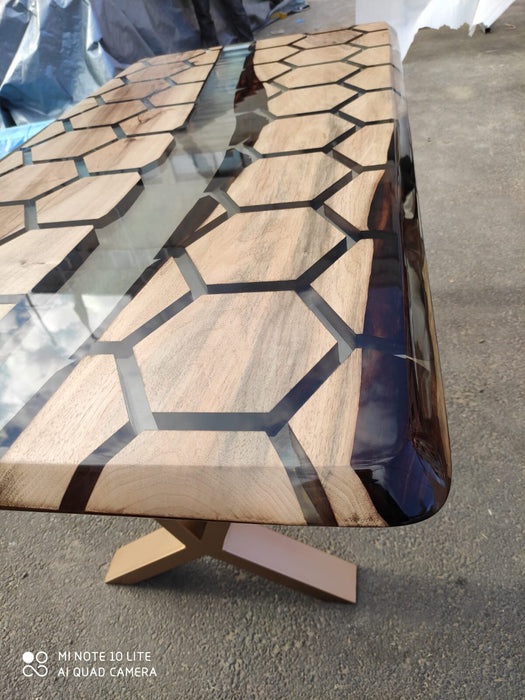 Hexangon Clear Epoxy Table, Hexagon Honeycomb Table, 60” x 30” Clear Resin Walnut Table, Handmade Epoxy Table, Unique Resin Table for Eric