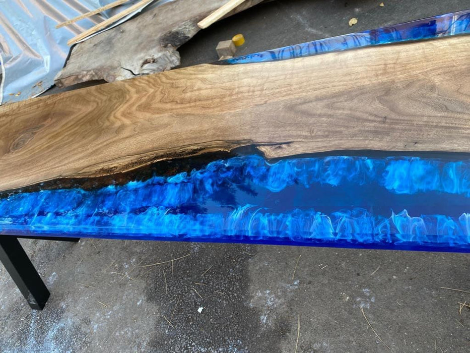 Handmade Epoxy Table, Epoxy Resin Table, Custom 96” x 18” Walnut Blue Table, Epoxy River Dining Table, Custom Order for Karin and Dave