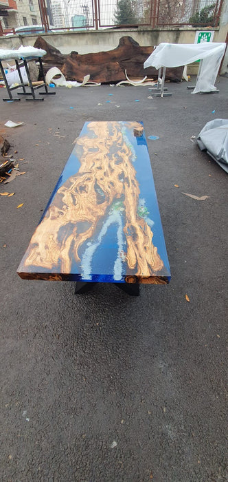 Olive Wood Table, Custom 50” x 17” Olive Blue Turquoise Epoxy Table, River Bench, Custom Epoxy Bench with Aquarium Turtles Order for Marie