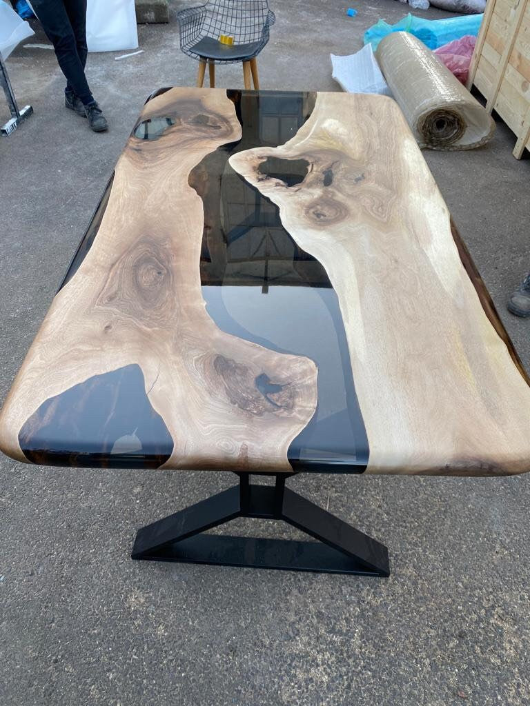 Epoxy Table, Epoxy Dining Table, Walnut Epoxy Table, Custom 65" x 36" Walnut Smokey Gray Epoxy River Table Order for Olena