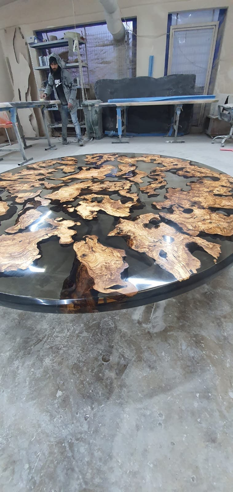 Olive Wood Epoxy Table, Olive Wood Coffee Table, Custom 65” Diameter Round Olive Wood Table, Epoxy Dining Table, Custom Order for Dana