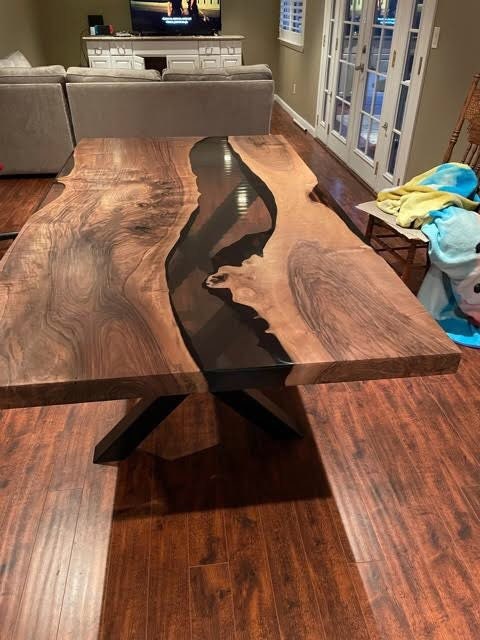 Custom 72” x 38” Walnut Smoke Gray Epoxy River Table Order for Leahnna