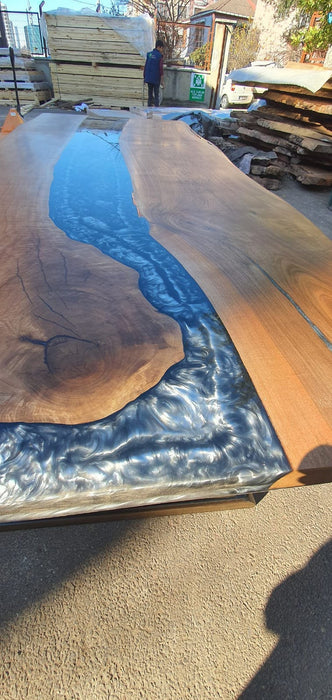 Epoxy Resin Table, Live Edge Table, River Table, Custom 96” x 40” Walnut Wood Metallic Gray Table, Epoxy Dining Table, Custom Order for Eric