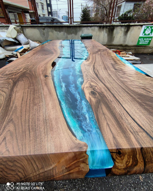 Epoxy Dining Table, Epoxy Table, Ocean Table, Custom 84” x 38” Walnut Ocean Blue, Turquoise White Epoxy River Dining Table, Order for Pascal