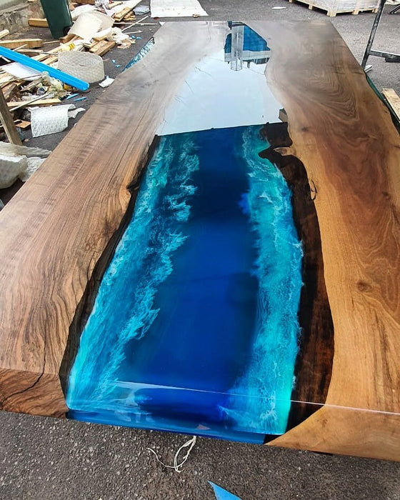 Epoxy Dining Table, Epoxy Table, Ocean Table, Custom 84” x 38” Walnut Ocean Blue, Turquoise White Epoxy River Dining Table, Order for Pascal