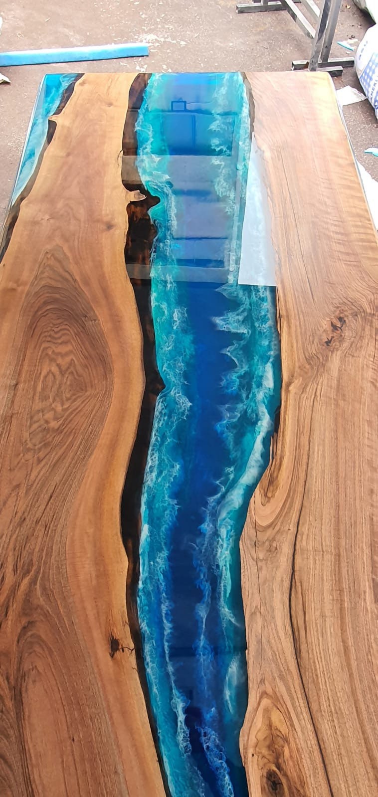 Epoxy Dining Table, Epoxy Table, Ocean Table, Custom 84” x 38” Walnut Ocean Blue, Turquoise White Epoxy River Dining Table, Order for Pascal