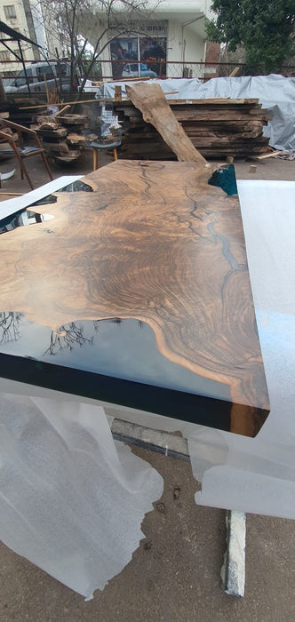 Walnut Dining Table, Epoxy Coffee Table, Custom 40” x 18” Walnut Transparent Translucent Turquoise Epoxy Coffee Table, Order for April