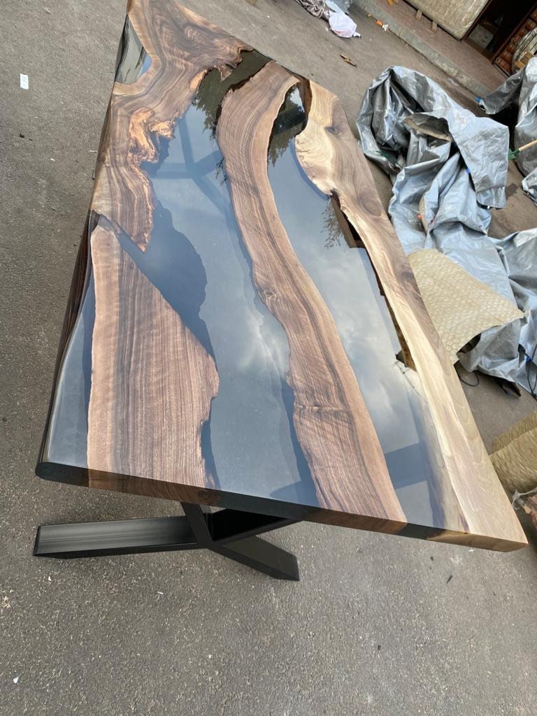 Live Edge Table, Epoxy Dining Table, Epoxy Resin Table, Custom 84” x 38” Walnut Smokey Gray Table, Epoxy River Table, Order for Keira